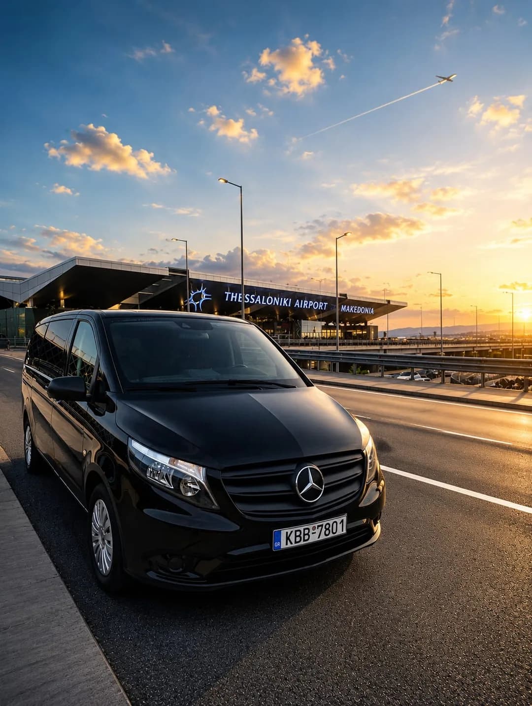 Delbeteris Mercedes-Benz Vito luxury minivan transfer at Kavala airport at sunset